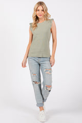 Light Olive Ribbed Ruffle Shoulder Tank Top