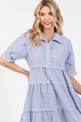 Blue Striped Tiered Raw Hem Midi Dress