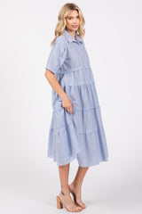 Blue Striped Tiered Raw Hem Midi Dress