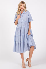 Blue Striped Tiered Raw Hem Midi Dress