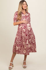 Burgundy Floral Collared Tiered Maternity Midi Dress