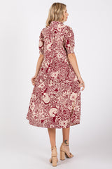 Burgundy Floral Collared Tiered Midi Dress