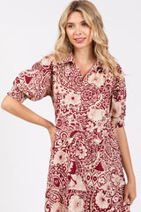 Burgundy Floral Collared Tiered Midi Dress