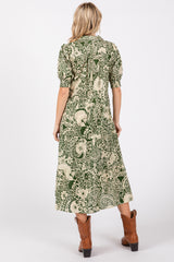 Olive Floral Collared Tiered Midi Dress