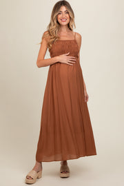 Rust Smocked Cutout Lace Up Back Maternity Maxi Dress