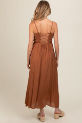 Rust Smocked Cutout Lace Up Back Maternity Maxi Dress