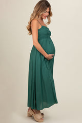 Dark Teal Smocked Cutout Lace Up Back Maternity Maxi Dress