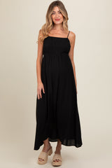 Black Smocked Cutout Lace Up Back Maternity Maxi Dress