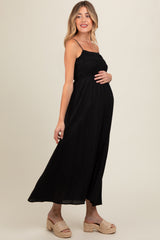 Black Smocked Cutout Lace Up Back Maternity Maxi Dress