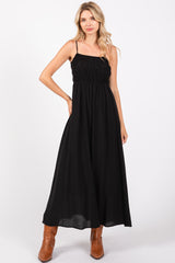 Black Smocked Cutout Lace Up Back Maternity Maxi Dress