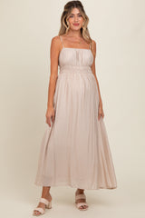 Beige Sleeveless Square Neckline Maternity Maxi Dress