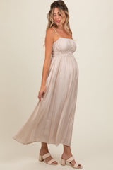 Beige Sleeveless Square Neckline Maternity Maxi Dress