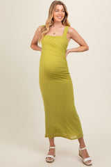 Light Olive Ruched Maternity Maxi Dress