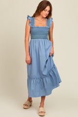 Blue Contrast Stitch Smocked Ruffle Strap Midi Dress