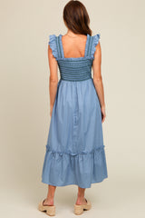 Blue Contrast Stitch Smocked Ruffle Strap Midi Dress