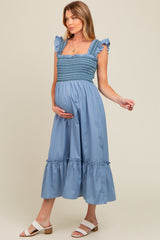 Blue Contrast Stitch Smocked Ruffle Strap Maternity Midi Dress