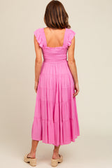 Fuchsia Smocked Tiered Ruffle Strap Midi Dress