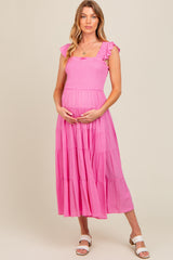 Fuchsia Smocked Tiered Ruffle Strap Maternity Midi Dress