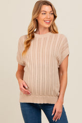 Beige Crochet Knit Short Sleeve Sweater Maternity Top