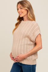 Beige Crochet Knit Short Sleeve Sweater Maternity Top