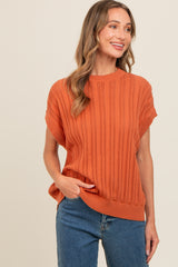 Rust Crochet Knit Short Sleeve Sweater Top