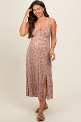 Mocha Floral V-Neck Side Slit Maternity Midi Dress