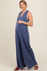 Blue Racerback Wide Leg Maternity Jumpsuit