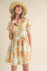 Coral Multi Floral Button Down Short Sleeve Mini Dress