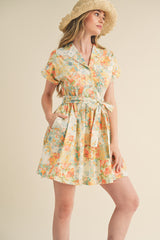 Coral Multi Floral Button Down Short Sleeve Mini Dress