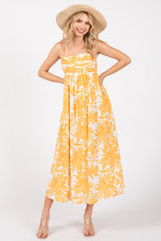 Yellow Floral Pleated Front Back Cut-Out Midi Dress