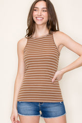 Camel Striped Rib Knit Tank Top