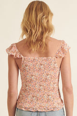 Peach Floral Sweetheart Smocked Ruched Ruffle Top