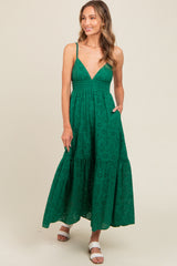 Forest Green Eyelet Lace Smocked Cutout Maxi Dress