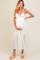 Ivory Eyelet Lace Smocked Cutout Maternity Maxi Dress