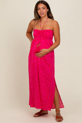 Fuchsia Paisley Print Halter Maternity Midi Dress