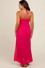 Fuchsia Paisley Print Halter Maternity Midi Dress