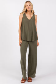 Olive Rib Knit Tank and Pant Set