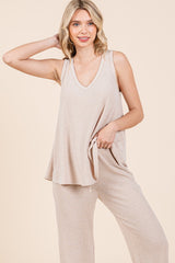 Beige Rib Knit Tank and Pant Set