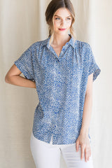 Blue Print Collared Button Up Top