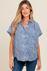 Blue Print Collared Button Up Maternity Top