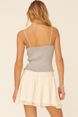 Heather Grey Ribbed Knit Square Neck Lettuce Edge Cami Top