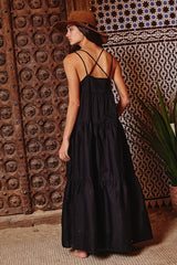 Black Strappy Tiered Poplin Maxi Dress