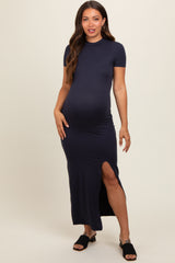 Navy Mock Neck Front Slit Short Sleeve Maternity Maxi Dress