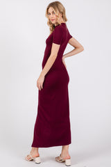 Burgundy Mock Neck Front Slit Short Sleeve Maxi Dress