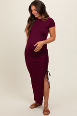 Burgundy Side Slit Maternity Maxi Dress