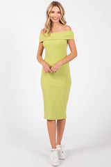 Lime Ribbed Knit Off Shoulder Maternity Midi Dress