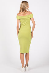 Lime Ribbed Knit Off Shoulder Midi Dress