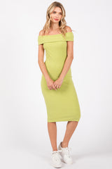 Lime Ribbed Knit Off Shoulder Midi Dress