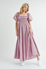 Mauve Puff Sleeve Smocked Maternity Maxi Dress