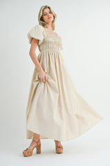 Cream Puff Sleeve Smocked Maxi Dress